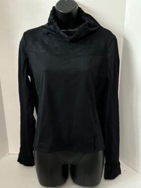 Fabletics Black Lace-Trim Hooded Long-Sleeve Top M